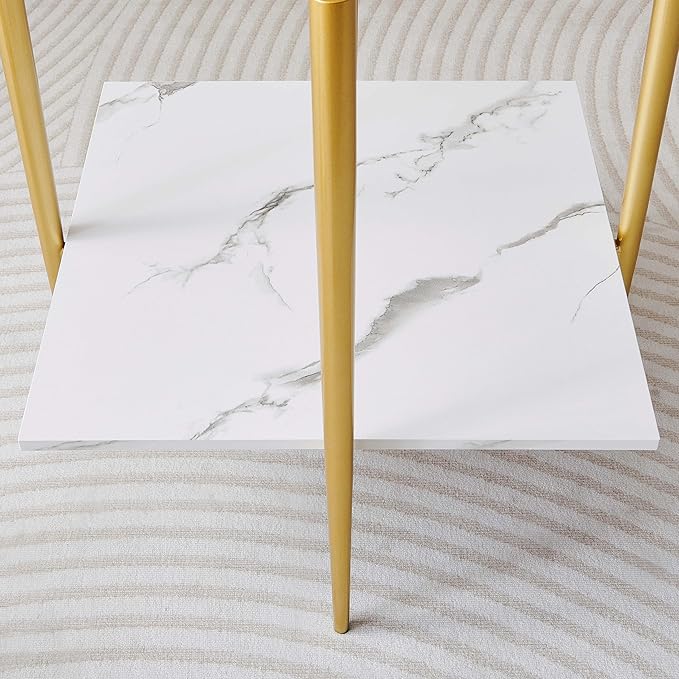 Square Glass End Table, Mid-Century Modern Design Sofa Table, for Living Room, L18 x W18 x H23, Clear Glass Top and White Marble MDF Shelf, Sleek Conical Metal Legs with Gold Finish