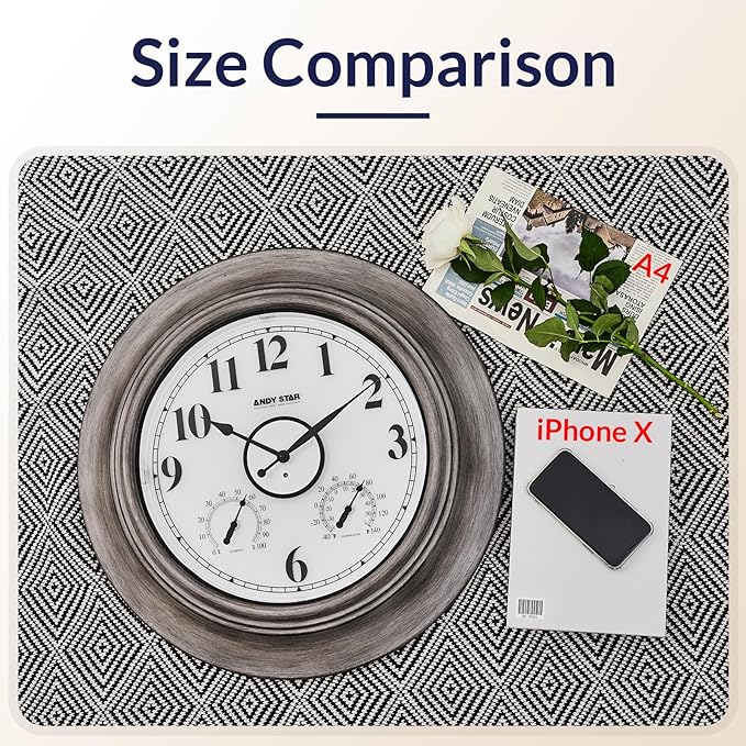 Andy Star 21 Inch Large Luminous Outdoor Wall Clock and Temperature for Patio, Pool, Oversized Round Wall Clocks Waterproof, Vintage Brushed Gray Oak Wooden Finish Silent Non Ticking