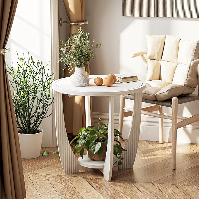 Rustic Farmhouse End Table Set of 2 with Storage Shelf - White Distressed