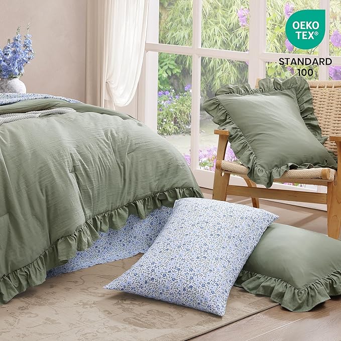 King Comforter Set - 7 Pieces Ruffle Sage Green Bedding Sets, Shabby Chic Farmhouse Bed in a Bag King with Ruffle Comforter, Floral Sheets, Pillowcases & Shams