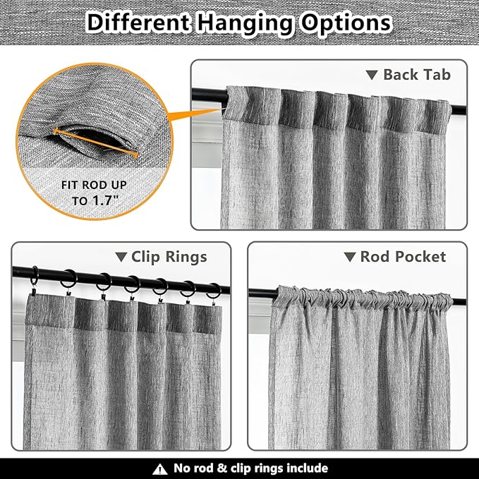 MYSKY HOME Sheer Curtains for Bedroom, Kitchen Curtain Panels Cotton Polyester Blend Fabric Linen Look Texture Light Filtering Privacy Drapes, Farmhouse Home Decor, 50" x 63", Dark Grey, 2 Pieces