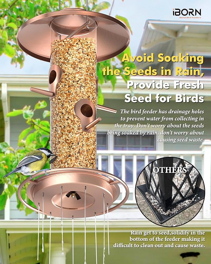 iBorn Bird Feeders for Outdoors, 2LB Metal Bird Feeders 17cm Large Roof &Tray, 4 Feeding Ports, Brushed Copper Finishing