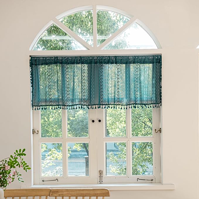 Sutuo Home Boho Valance Tier Curtains Crochet Lace Sheer Bohemian Hollow Knitted with Tassels, Privacy Vintage Rustic Farmhouse Drapes for Kitchen, Rod Pocket 1 Panel 59" W x 36" L, Turquoise