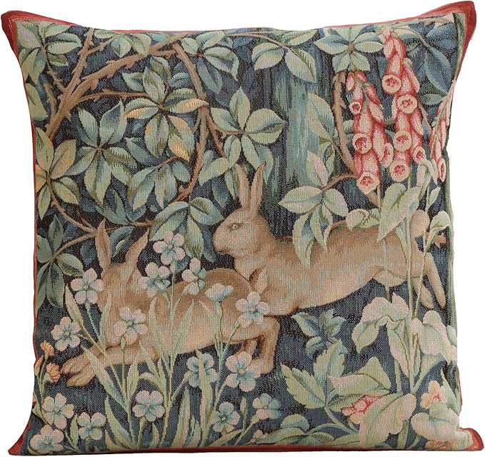 Charlotte Home Furnishings Decorative Tapestry Pillow Cover 14x14 in, Green Hares Couch Throw Pillow Cover, French Country Square Cushion Cases for Living Room Home Decor, Soft Cotton Jacquard Woven