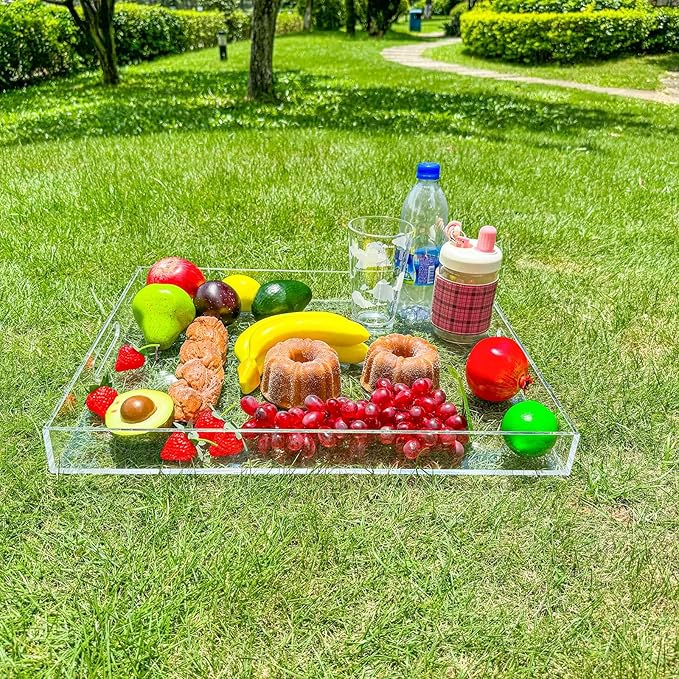 Clear Rectangular 14x20 Inches Acrylic Ottoman Tray Decorative Serving Tray with Cutout Handles Organizer Tray on Coffee Table Countertop Big Breakfast Bed Tray Living Room Appetizer Serving Food