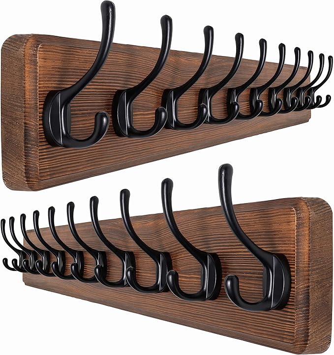 SKOLOO Rustic Wall Mounted Coat Rack, Case of 2, Pine Solid Wood Coat Hook Hanger - 10 Hooks for Hanging Clothes Robes Towels Coats