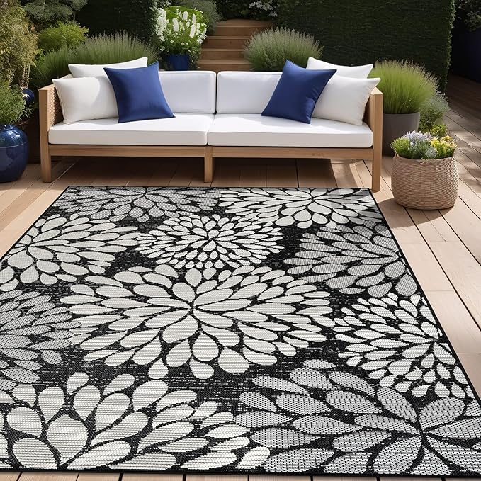 Beverly Rug Outdoor Rug 10x14 Modern Exotic Tropical Leaf Area Rugs for Indoor and Outdoor Patio Deck Porch Garden Water Resistant Washable Outside Carpet (10 x 14 Dark Gray)