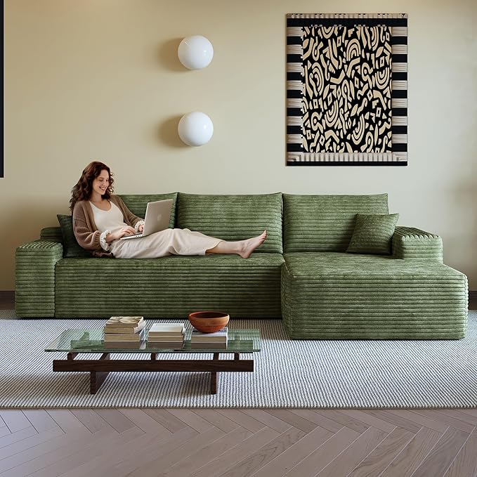 108" Sectional Couches for Living Room Modern Modular Sofa with L-Shape Couchs Upholstered Boneless Couch Deep Seat Sectional Couch with Chaise (Green, Right Facing Chaise+2Seaters)