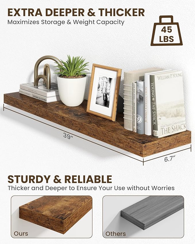 Marsmiles 39" Floating Shelves for Wall, Wooden Shelves with Invisible Brackets Set of 2, Rustic Farmhouse Wall Mounted Shelf for Kitchen Bathroom Living Room Study, Rustic Brown