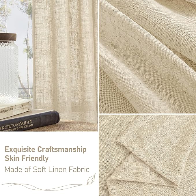 LAMIT Natural Linen Semi Sheer Curtains 48 Inch for Short Windows, Light Filtering Curtains Farmhouse Boho Bronze Grommet Drapes for Kitchen/Loft Room, 2 Panels (34 x 48 Inch, Linen)