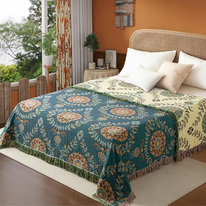 Boho Throw Blanket Twin Size, Soft Cozy Cotton Muslin Quilt Blanket for Bed Decor, Floral Patterned Couch Sofa Chair Cover, Vintage Farmhouse Cottage Tapestry Woven Blanket, Green&Beige