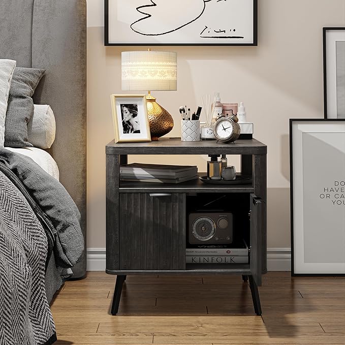 Nightstand Set of 2 with Charging Station, 24" End Table Side Table with Open Shelf, Modern Large Wood Fluted Bedside Cabinet for Bedroom, Living Room, Black