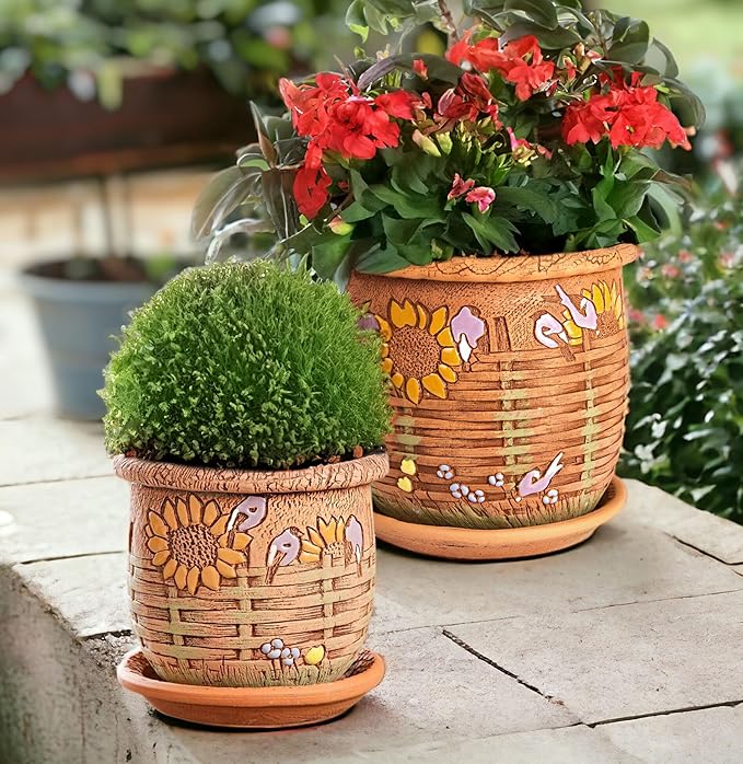 Ceramic Pot with Drainage Hole and Saucer, Plant Pots, Modern Decorative Planters for House Plants Indoor Flowers Plants, Cute Flower Pot - Gifts (Wicker (1.6 L))