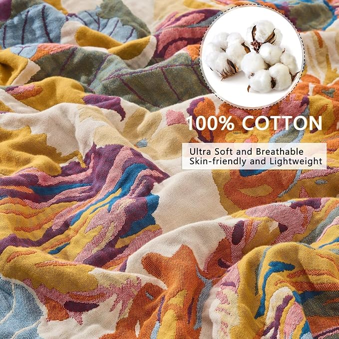 100% Cotton Boho Throw Blanket, King Size Living Room Reversible Fall Throw Blanket, Boho Floral Bird Colorful Retro Quilt Ultra Soft Reversible Gauze Blanket for All Season, 90"x98"