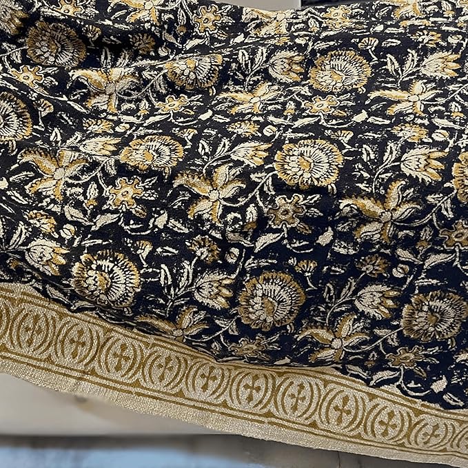 Bohemian Floral Cotton Throw Blanket with Tassels | 48x70 Inch Handblock Printed Sofa Throw | Black & Gold Decorative Bed Cover | Lightweight Couch Throw for Living Room & Bedroom