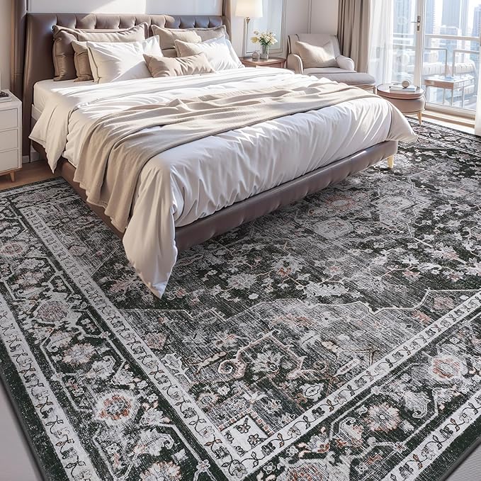 AMOAMI-4X6 Area Rugs for Living Room -Soft Vintage Bedroom Rug-Non Slip Washable Rug-Throw Rugs for Living Room Bedroom Bedside Dining Room Office Dark Grey & Black