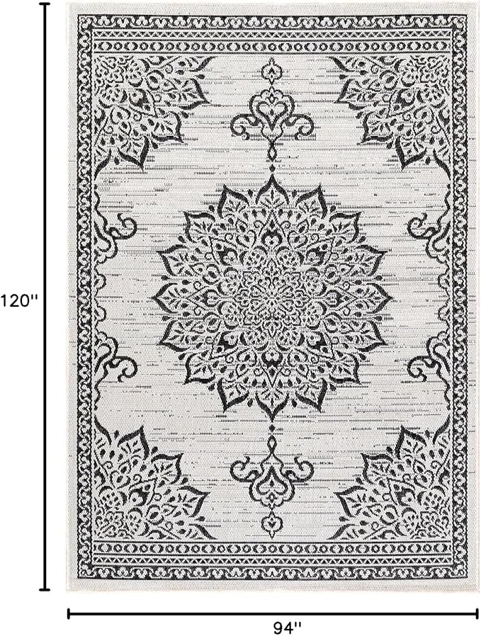 CAMILSON Outdoor Rug, 8x10 Medallion White Black Modern Area Rugs for Indoor and Outdoor Patios, Kitchen and Hallway Mats, Washable Porch Deck Outside Carpet (Medallion White, 8 x 10)