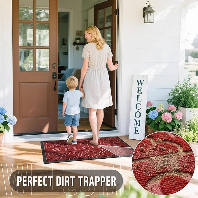 Yimobra Welcome Mat Outdoor Indoor 29.5x17, All-Weather Waterproof Front Door Mat Outside Entrance, Non-Slip Low Profile Porch Patio Doormat, Red