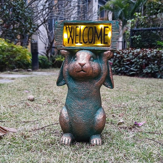 Rabbit Solar Welcome Garden Statues Outdoor Décor-Rabbit Figurines Solar LED Light Lawn Ornaments - Yard Decorations for Patio, Balcony, Backyard -Unique House Warming Gifts for Mom