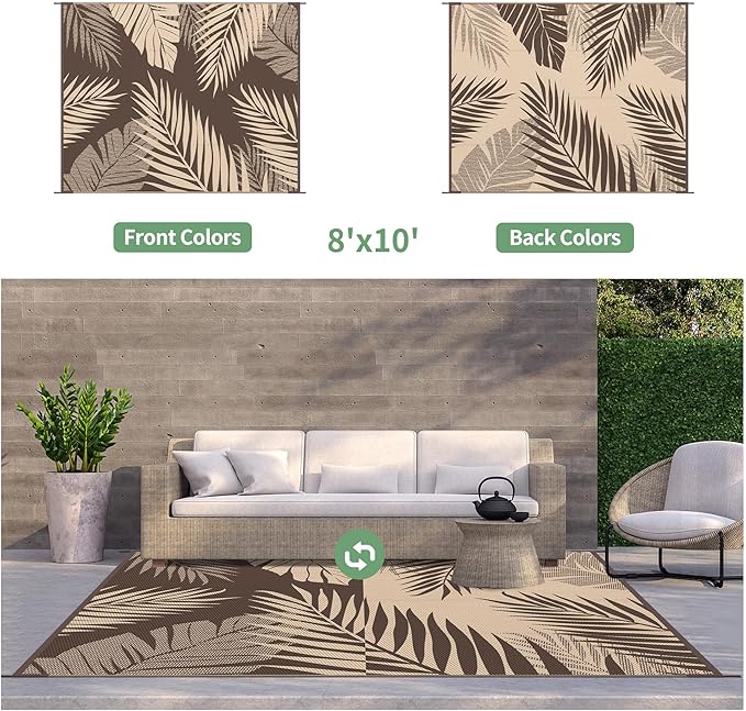 GENIMO Outdoor Rug 8' x 10' Waterproof for Patios Clearance, Reversible Outdoor Plastic Straw Camping Rug Carpet, Large Area Rugs Mats for RV, Camper, Deck, Balcony, Porch, Beach, Picnic, Coffee&Beige