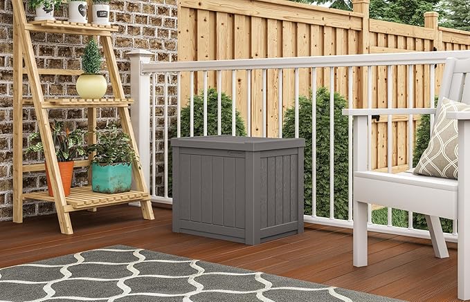 Suncast 22-Gallon Small Deck Box - Lightweight Resin Indoor/Outdoor Storage Container and Seat for Patio Cushions and Gardening Tools - Store Items on Patio, Garage, Yard - Stone Gray, Made in the USA