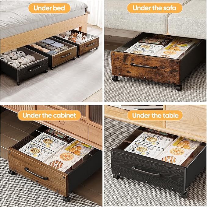 Wooden Under Bed Storage with Wheels, Rolling Under the Bed Storage Bins with Removable Lid, Metal Under Bed Drawers for Clothes and Shoes in Bedroom or Living Room(Black Wood-1pack)