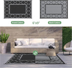 GENIMO 6' x 9' Outdoor Rug Waterproof for Patio Decor, Foldable Reversible Plastic Straw Area Rugs Mat for Camper, Outside Carpet for Rv, Deck, Porch, Picnic, Beach, Balcony, Black & Grey