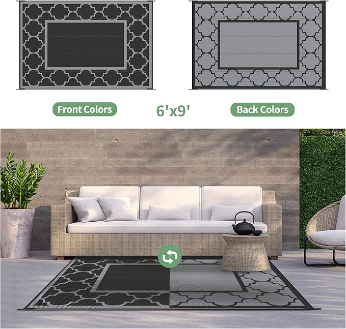 GENIMO 6' x 9' Outdoor Rug Waterproof for Patio Decor, Foldable Reversible Plastic Straw Area Rugs Mat for Camper, Outside Carpet for Rv, Deck, Porch, Picnic, Beach, Balcony, Black & Grey