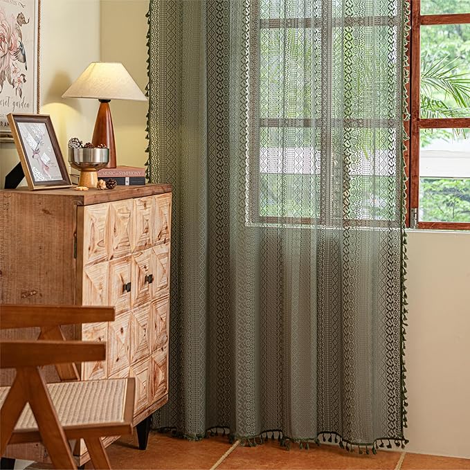 Sutuo Home Olive Green Boho Curtains 63 inches Long for Kitchen Bedroom, Crochet Lace Sheer Bohemian Hollow Knitted Tassels, Privacy Vintage French Retro Farmhouse, Rod Pocket 1 Panel 59" W x 63" L