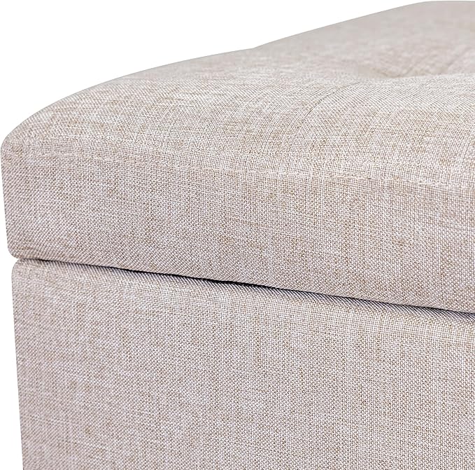 Adeco 18 Inch High Cube Ottoman Storage, Linen Chair Foot Stools, Upholstered Vanity Stool with Hinged Lid, Solid Wood Legs (Beige Grey)