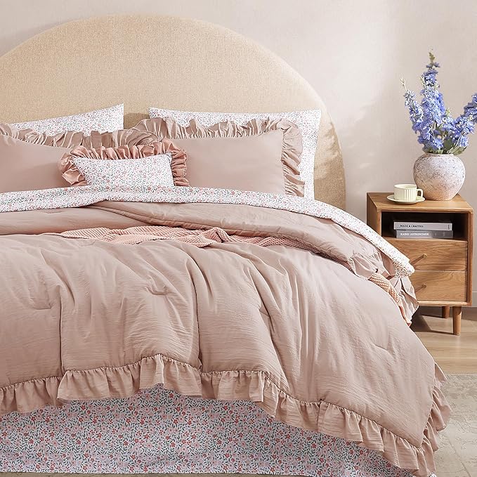 Queen Comforter Set - 7 Pieces Ruffle Pink Bedding Sets, Shabby Chic Farmhouse Bed in a Bag Queen with Ruffle Comforter, Floral Sheets, Pillowcases & Shams