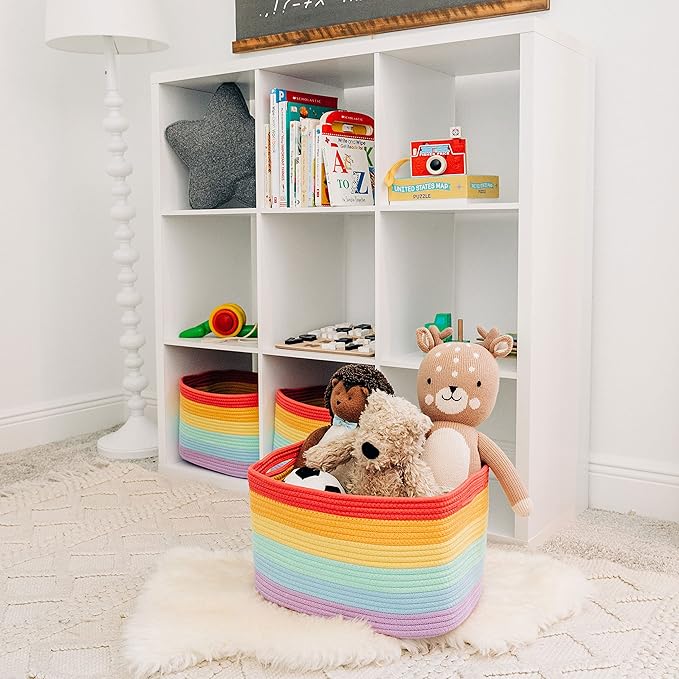 OrganiHaus Set of 3 Rainbow Woven Storage Baskets for Organizing, Cotton Rope Organizer Bins for Shelves, Closet & Nursery, Dog Toy Basket, Decorative Bins for Toys, Towels & Books - 15x10x9