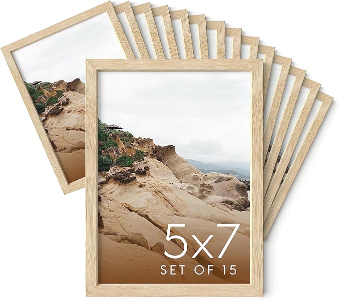 Haus and Hues 5x7 Natural Oak Wood Photo Frame Set of 15 - Mini Picture Frames Bulk Gallery Set - Premium Bulk Picture Frames 5x7 for Stylish Photo Gallery Wall Frame Set - Ideal for Home & Office