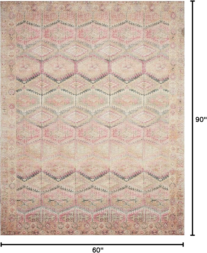 Loloi Layla Collection LAY-17 Pink/Lagoon 5'-0" x 7'-6" .13" Thick Area Rug, Soft, Durable, Vintage Inspired, Distressed, Low Pile, Non-Shedding, Easy Clean, Printed, Living Room Rug