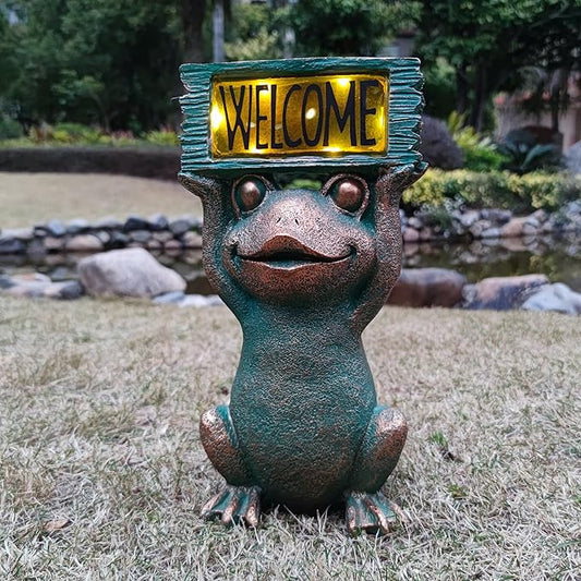 Frog Solar Welcome Garden Statues Outdoor Décor- Frog Figurines Solar LED Light Lawn Ornaments - Yard Decorations for Patio, Balcony, Backyard -Unique House Warming Gifts for Mom