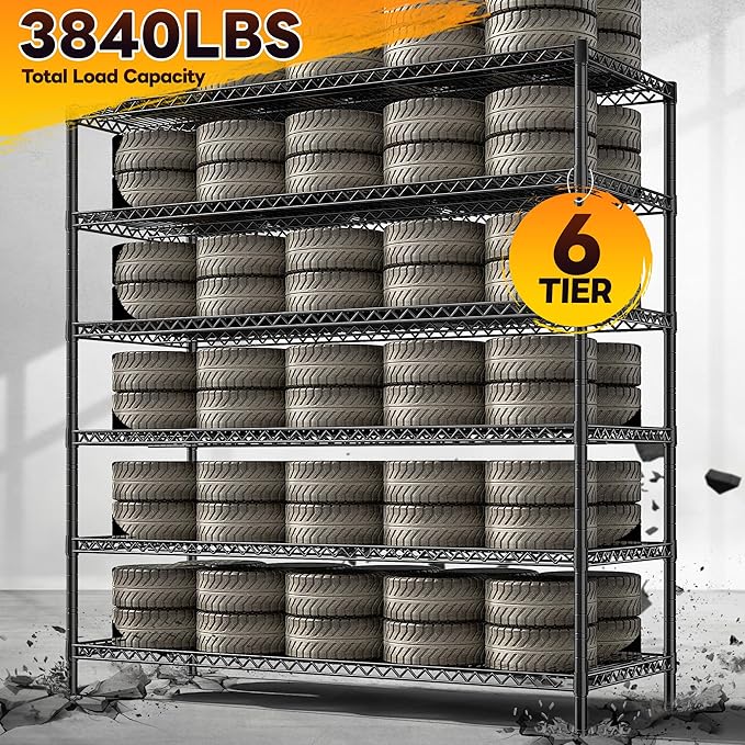 REIBII 83"H Storage Shelves 3840LBS Metal Shelving Unit Garage Shelving Heavy Duty 6 Tier Commercial Adjustable Wire Shelving for Storage Rack for Pantry, Garage, Kitchen, 83"H x 55.5"W x 18"D, 2PCS