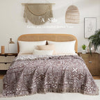 Boho Throw Blanket Full Size, Extra Large Soft Cozy Cotton Muslin Quilt Blanket for Bed Decor, Patchwork Block Couch Sofa Chair Cover, Vintage Farmhouse Cottage Woven Blanket, Brown&White