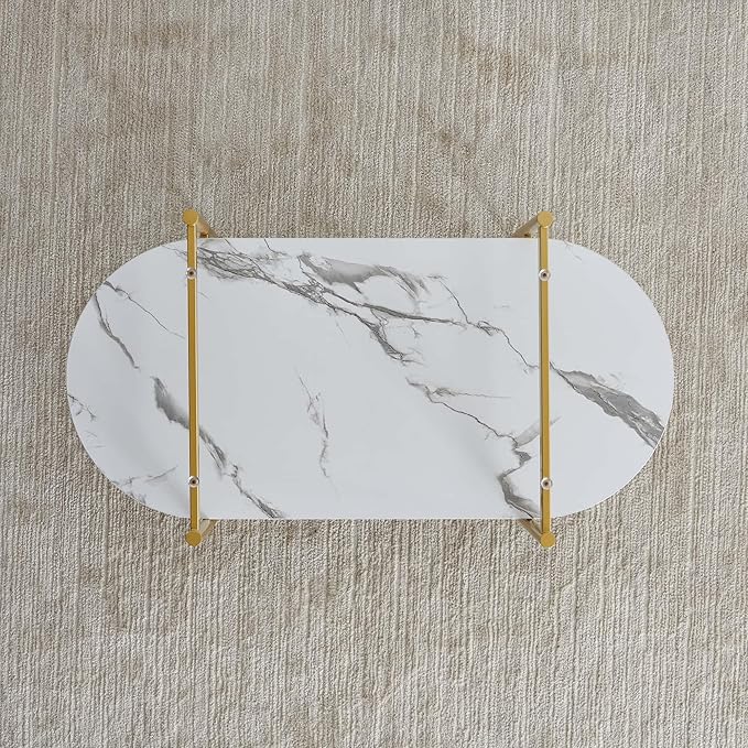 Oval Coffee Table, Mid-Century Modern Design, L41 x W21 x H17 inch, for Living Room, Clear Glass Top, White Marble Finish Wood Shelf & Gold Finish Frame