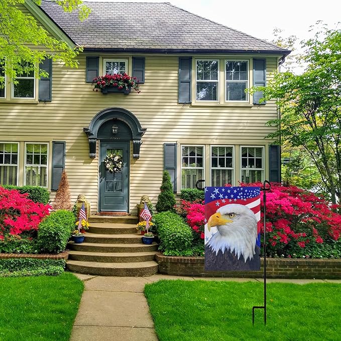 TOPFLAGS Garden Flag Stand with American Garden Flags Patriotic Stars and Eagle Yard Flag 12x18 Inch Holder Pole Stake Double Side for Outside with Clips and Stopper