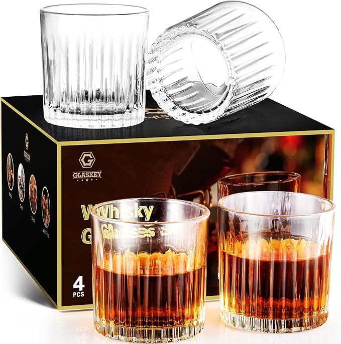 Whiskey Glasses Set of 4,Lead-Free Crystal Old Fashioned Glass,300ml Rocks Glass Tumblers for Drinking Bourbon,Cognac,Irish Whisky,Whiskey Gifts for Men