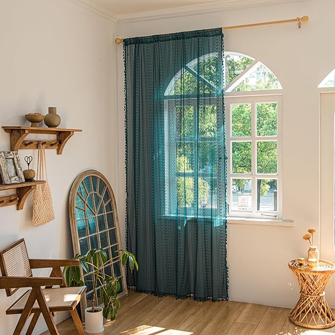 Sutuo Home Boho Curtains 84 inches Long for Bedroom Living Room, Crochet Lace Sheer Bohemian Hollow Knitted with Tassels,Window Treatment Drapes, Rod Pocket 1 Panel 59" W x 84" L, Turquoise