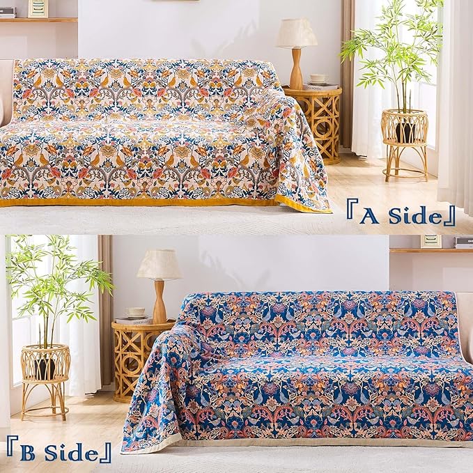 Boho Blanket Throw Quilt, 100% Cotton Soft Light Weight Throw Blankets for Summer, 50"x60" Farmhouse Flower Decorative Blankets, All Season Rustic Reversible Bohemian Throw Quilt