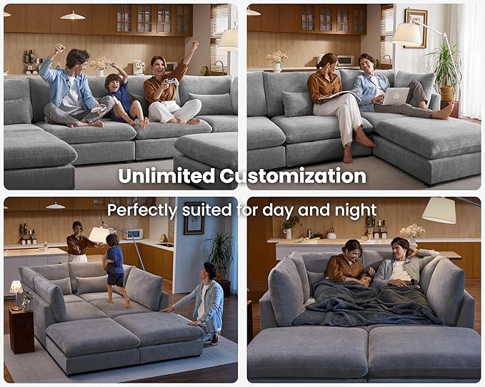Oversized Modular Sofa, Extra Deep Cloud Chenille Sectional Couch with Ottoman Chaise, Fluffy Chenille 2 Seater Sofa Bed for Living Room, Villa (Loveseat Sofa, Chenille Grey)