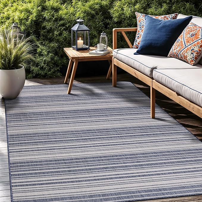 Stripe Outdoor Rug 10x14 Washable Outside Carpet for Indoor Patio Porch Waterproof Easy Cleaning Non Shedding Area Rugs Blue 10 x 14