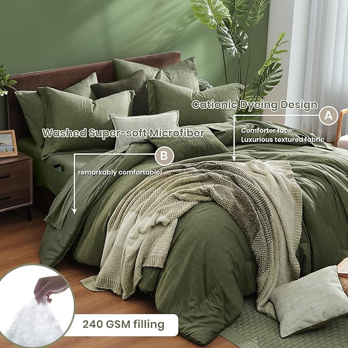 Monbix Full Size Comforter Set, Olive Green Bedding Comforter for Full Size Bed Set Reversible, Bedding Sets Full 7 Pieces, Cationic Dyeing Bed in a Bag with Comforter, Sheets, Pillowcases & Shams