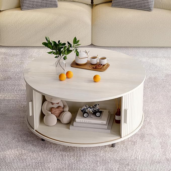 Round Coffee Table with Storage, 31.5" Modern Coffee Table with 360° Curved Sliding Door, Fluted Wood Coffee Table with Adjustable Footpads, Round Center Table for Living Room, Natural White