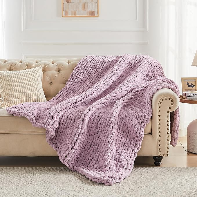 Carriediosa Chunky Knit Throw Blanket 60" X 80" Twin, 100% Hand Made Large Chenille Loop Yarn Soft Fluffy Throws for Couch Sofa Bed, Big Crochet Cozy Heavy Thick Cable Woven Blankets, Purple