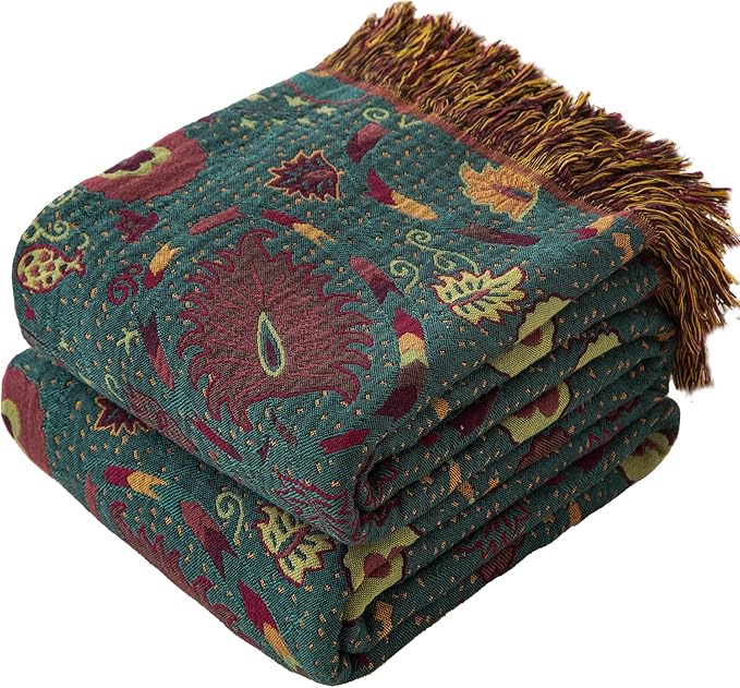 Boho Throw Blanket Full Size, Extra Large Soft Cozy Cotton Muslin Quilt Blanket for Bed Decor, Floral Patterned Couch Sofa Chair Cover, Vintage Farmhouse Cottage Woven Blanket, Green&Orange