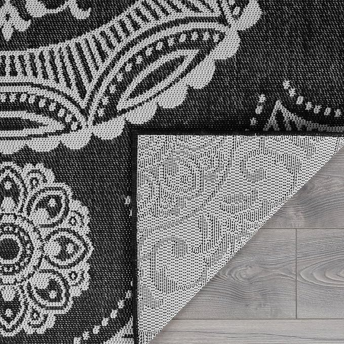 Medallion Outdoor Rug 6x9 Washable Outside Carpet for Indoor Patio Porch Waterproof Easy Cleaning Non Shedding Area Rugs Black 6 x 9