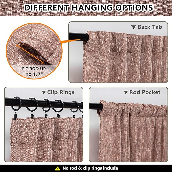 MYSKY HOME Living Room Curtains for Windows, Linen Look Texture Semi Sheers Boho Drapes Extra Long Floor Length Curtain Panels Soft Cotton Fabric, 50 x 108 Inch, Brick Red, 2 PCs